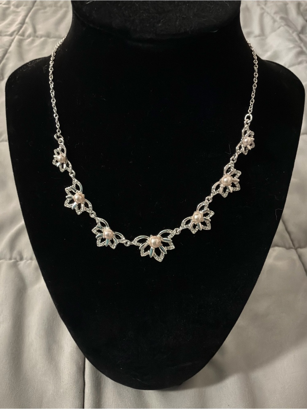 You’re Invited Silver-toned Floral Necklace - Soft Pinkish Pearls & Clear Stones